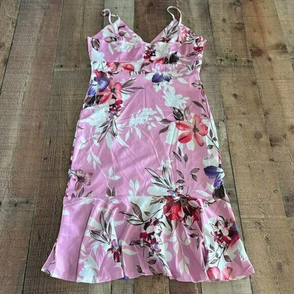 Chicme sleeveless low neck pink and white floral high low midi dress size m - Picture 4 of 7